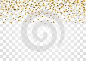 Gold stars falling confetti on white transparent background. Golden design festive party, birthday celebration