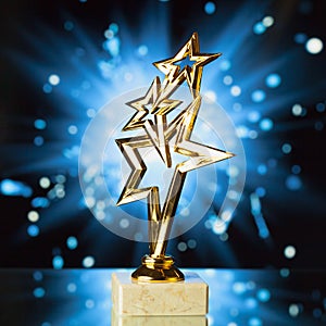 Gold stars trophy against blue shiny background