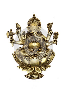 gold statue of hindu god lord ganesh sitting in a lotus flower