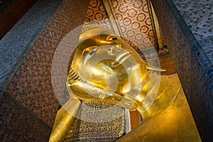 The gold statue Reclining Buddha at Wat Pho