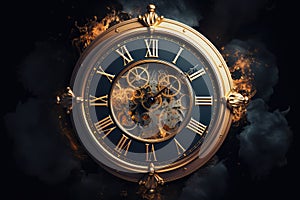 Gold Steampunk Clock On Black Smoky Background. Generative AI