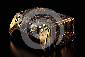 Gold Steampunk Gaming Console On Black Smoky Background. Generative AI