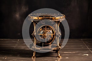 Gold Steampunk Side Table On Black Smoky Background. Generative AI