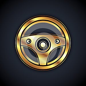 Gold Steering wheel icon isolated on black background. Car wheel icon. Vector