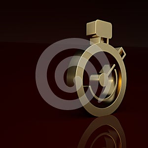 Gold Stopwatch icon isolated on brown background. Time timer sign. Chronometer sign. Minimalism concept. 3D render
