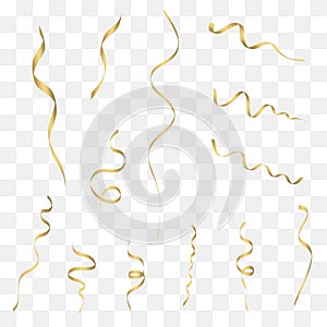 Gold streamers set. Golden curly confetti ribbon. Festive holiday decoration. Vector.