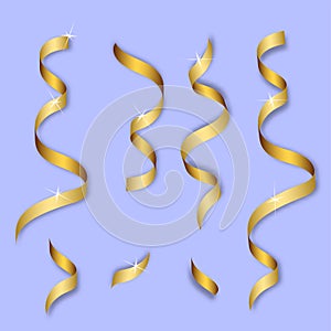 Gold streamers set. Golden serpentine ribbons, isolated on transparent background. Decoration for party, birthday