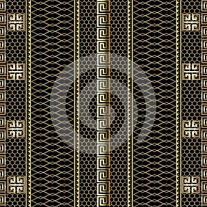 Gold striped 3d greek key meander borders seamless pattern. Grid lattice ornamental background. Lace textured ornament. Decorative