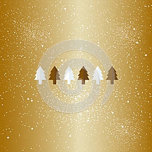 Gold stylized flat Christmas trees on dark blue background. Ribbons decoration.