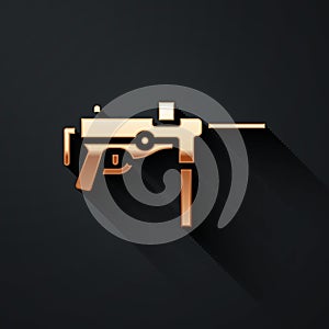 Gold Submachine gun M3, Grease gun icon isolated on black background. Long shadow style. Vector