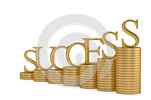 Gold success word and gold coin stacks isolated on white background 3D illustration.