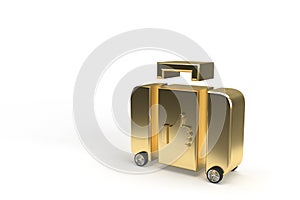 Gold suitcase on wheels with hand ok or thumb up in the form of a car on isolated background