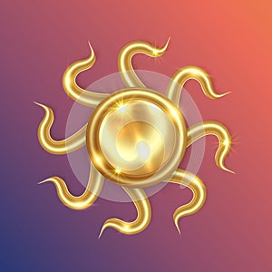Gold sun luxury logo icon. Abstract golden sunburst isolated on colorful background. Vintage sacred shiny sun burst design element