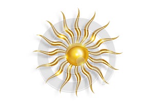Gold sun luxury logo icon. Abstract golden sunburst isolated on white background. Vintage sacred shiny sun burst design element