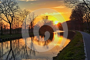 Gold sunset over river with sun rays, tree silhouettes and reflection on water