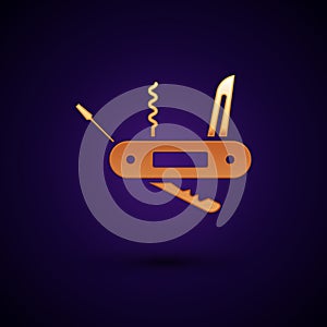 Gold Swiss army knife icon isolated on black background. Multi-tool, multipurpose penknife. Multifunctional tool. Vector