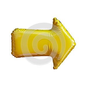 Gold symbol arrow made of inflatable balloon isolated on white background.