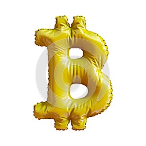 Gold symbol bitcoin made of inflatable balloon isolated on white background
