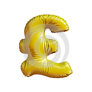 Gold symbol pound sterling made of inflatable balloon isolated on white background.