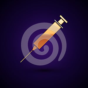 Gold Syringe icon isolated on black background. Syringe for vaccine, vaccination, injection, flu shot. Medical equipment