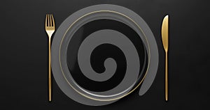 Gold tableware On black Background, 3D rendering. 3D illustration