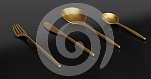 Gold tableware On black Background, 3D rendering. 3D illustration