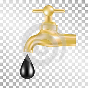 Gold tap with oil drop on transparent background. Vector illustration.