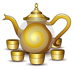 Gold teapot cartoon with some cup