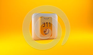 Gold Telephone with emergency call 911 icon isolated on yellow background. Police, ambulance, fire department, call