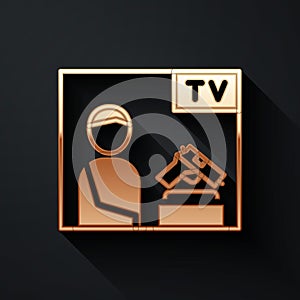 Gold Television advertising weapon icon isolated on black background. Police or military handgun. Small firearm. Long