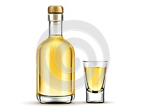 Gold tequila bottle and shot glass mock up drink