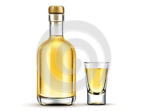 Gold tequila bottle and shot glass mock up drink photo