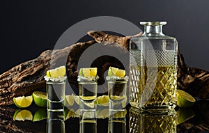 Gold tequila with sea salt and lime slices on a background of old snag