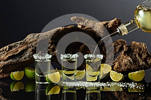 Gold tequila with sea salt and lime slices on a background of old snag