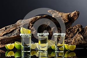 Gold tequila with sea salt and lime slices on a background of old snag