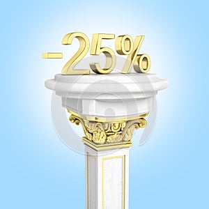 Gold text 25 percent off standing on the pedestal isolated on blue gradient background 3D render