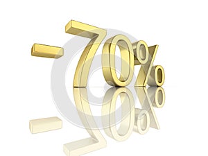 Gold text 70 percent off on white background with reflection 3D render