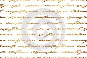 Gold text. Vintage seamless pattern. Golden scrawl. Elegant handwriting. Background handwrite. Write love letter. Gold written poe