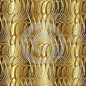 Gold textured 3d seamless pattern. Vector golden patterned vintage background. Ornamental surface texture. Line art tracery swirl