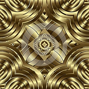 Gold textured 3d vector seamless pattern. Golden ornamental geometric background. Abstract flowers, shapes, lines