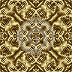 Gold textured 3d vector seamless pattern. Golden ornamental geometric background. Abstract flowers, shapes, lines