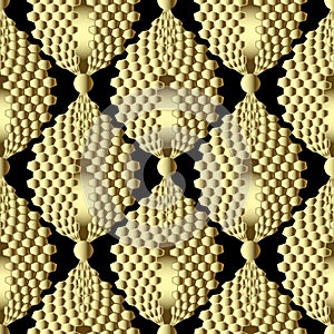 Gold textured 3d cells vector seamless pattern. Modern abstract honeycombs background. Decorative repeat ornamental backdtop.