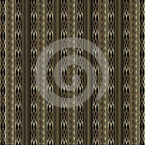 Gold textured 3d striped vector seamless pattern. Geometric ornamental luxury grid background. Repeat greek key meanders