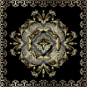 Gold textured 3d tapestry Baroque seamless pattern. Vector embroidered background. Repeat floral backdrop. Vintage