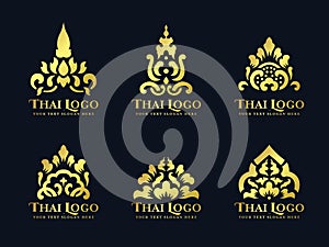 Gold thai art traditional lotus flower logo vector set design