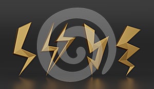 Gold Thunder and Bolt Lighting Flash Icons Set isolate on black background. Golden Thunder Symbol in 3D rendering photo