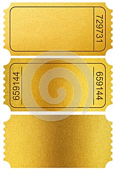 Gold tickets stubs isolated on white with clipping path photo