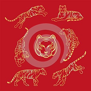 Gold Tiger red background Happy new year 2022 design vector illustration Tigers logotype golden