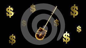 Gold toilet brush and dollar signs on a black background. Excessive luxury concept. 3D rendering