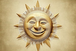 gold tone smiling sun with face, artistic